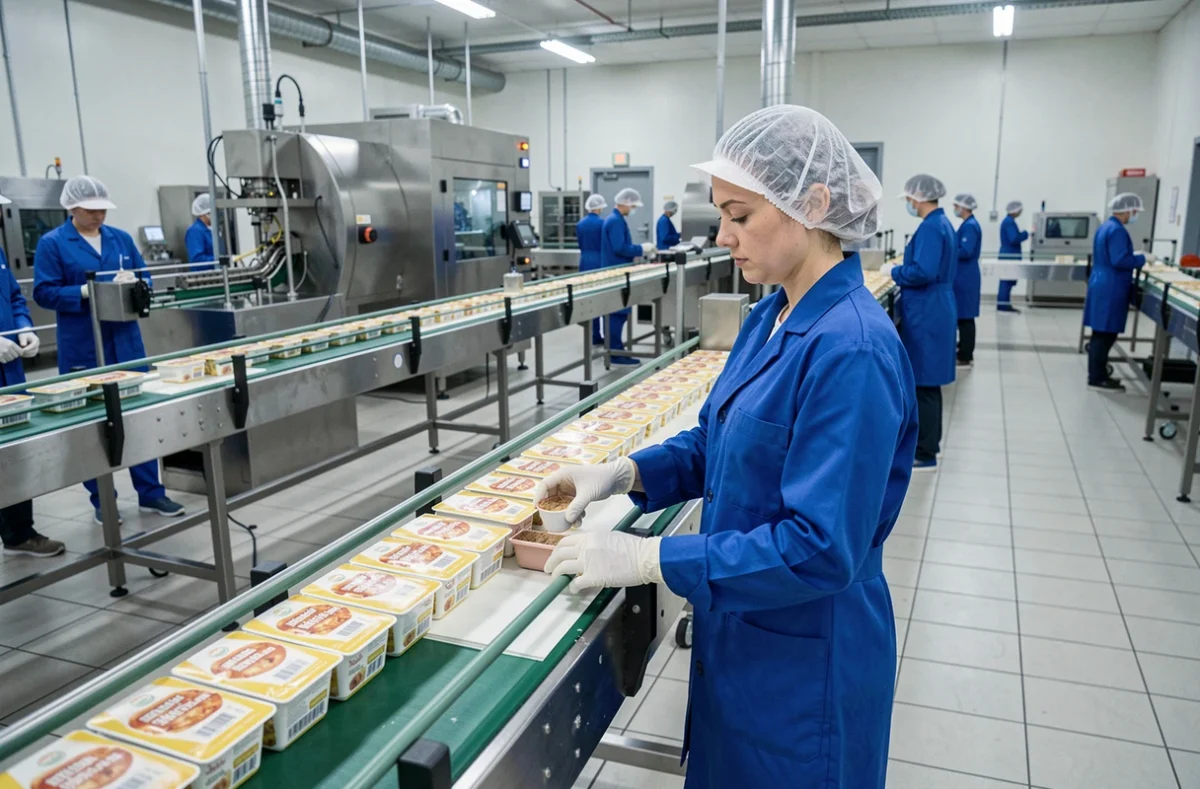 Trabajadora de fábrica inspeccionando productos en una línea de producción industrial, proceso de fabricación en la cadena de suministro