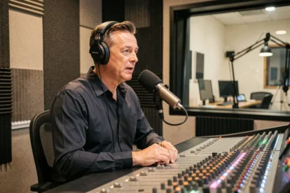 Locutor de radio profesional hablando ante un micrófono en un estudio de grabación moderno con mesa de mezclas