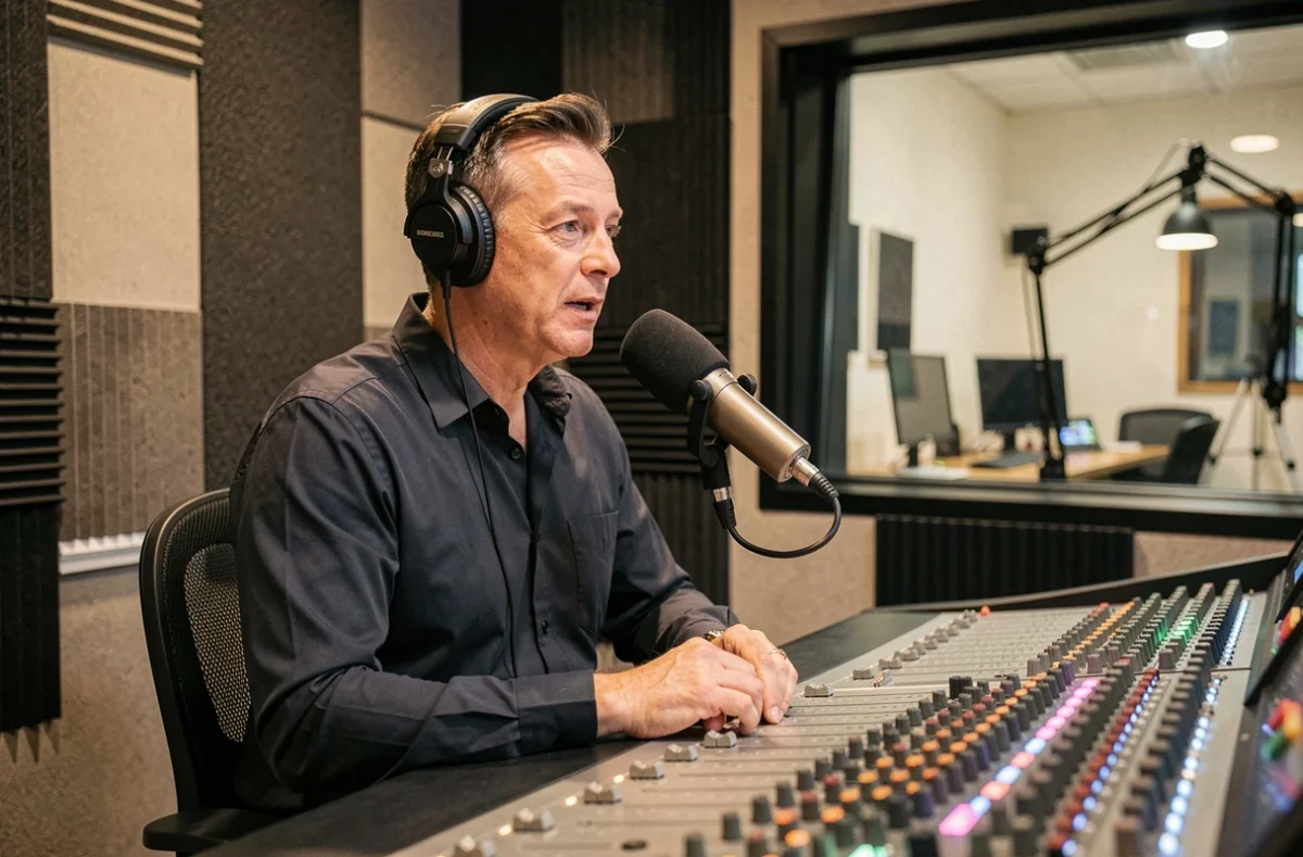 Locutor de radio profesional hablando ante un micrófono en un estudio de grabación moderno con mesa de mezclas