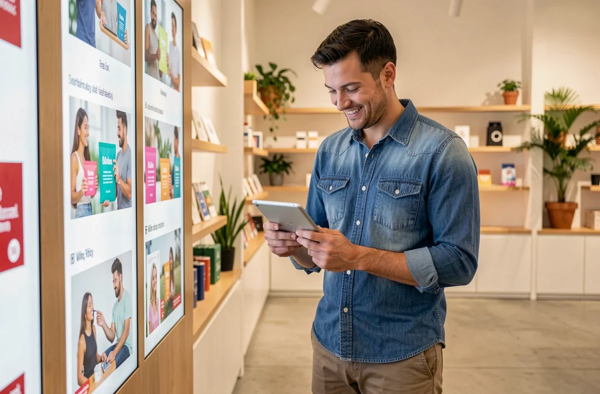 Consumidor joven interactuando con una marca B2C en un espacio de retail moderno y minimalista