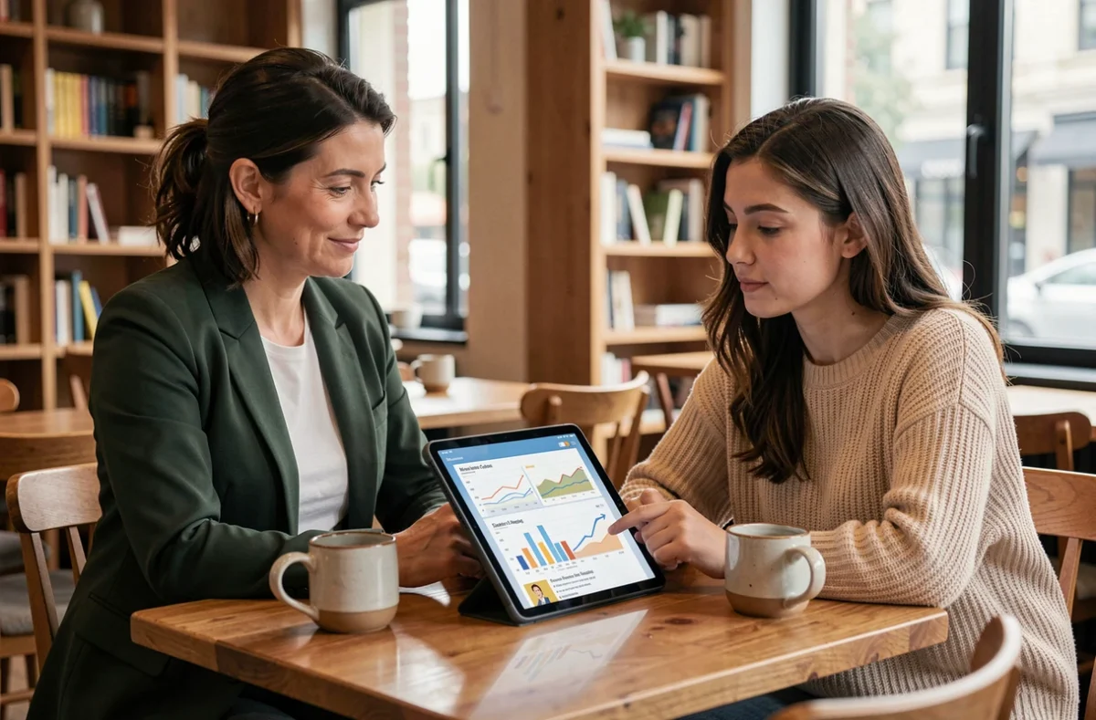 Mentora de startups revisando un plan de negocio junto a una emprendedora joven en una cafetería