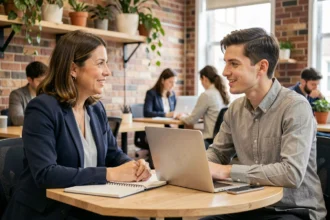 Mentora empresarial experimentada asesorando a un joven emprendedor en un espacio de coworking moderno