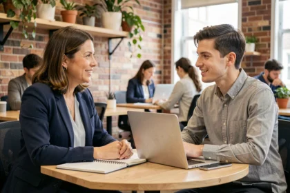 Mentora empresarial experimentada asesorando a un joven emprendedor en un espacio de coworking moderno