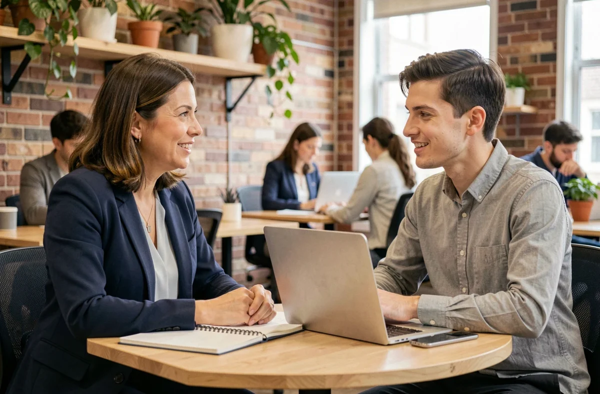 Mentora empresarial experimentada asesorando a un joven emprendedor en un espacio de coworking moderno