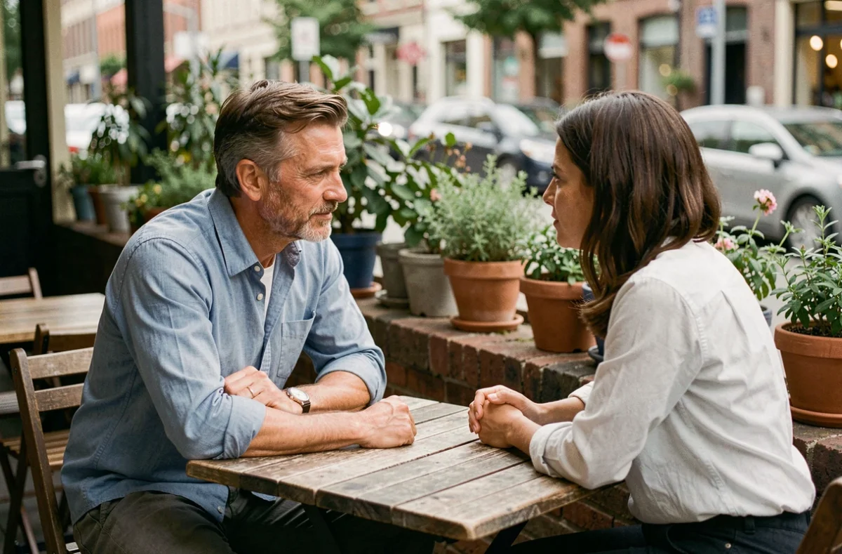 Dos personas manteniendo una conversación constructiva y asertiva en una terraza de café, ilustrando el uso del método DESC en contextos cotidianos