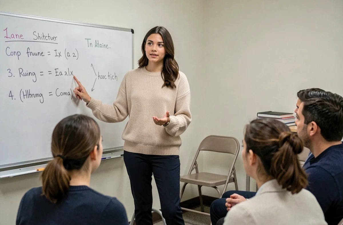 Formadora explicando el método DESC ante un pequeño grupo en una sala de talleres, representando una comunicación estructurada y asertiva en el ámbito profesional