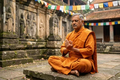 Monje budista meditando en postura de loto con la rueda del Dharma representada en sus manos, en un templo de piedra con banderas de oración