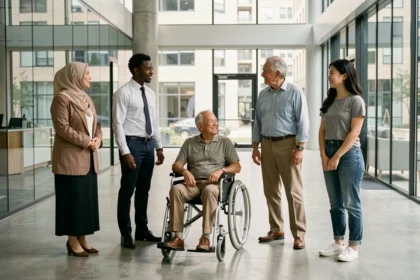 Grupo diverso de personas de distintas edades, etnias y capacidades reunidas en una oficina moderna, representando la igualdad y la no discriminación en el ámbito laboral.