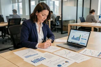 Mujer analista revisando informes de benchmarking y gráficos comparativos sobre una mesa de oficina moderna