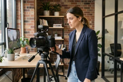 Mujer revisando el vídeo en un estudio moderno junto a una cámara profesional sobre trípode para la producción de un vídeo promocional