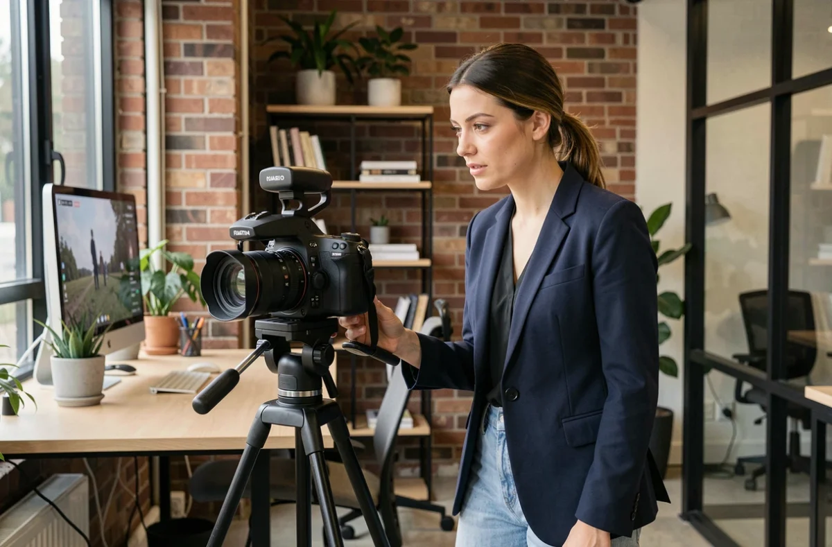 Mujer revisando el vídeo en un estudio moderno junto a una cámara profesional sobre trípode para la producción de un vídeo promocional