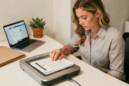 Mujer digitalizando documentos en papel con un escáner de sobremesa en una oficina moderna, representando el proceso de digitalización documental