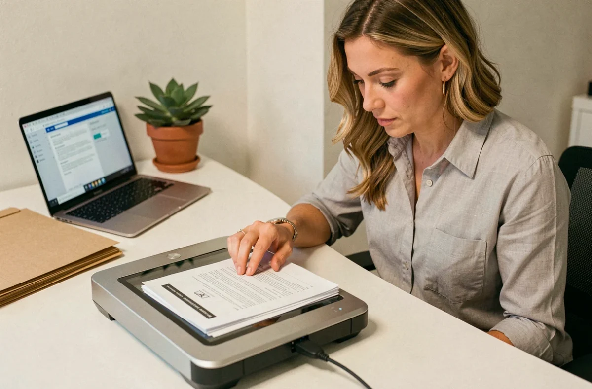 Mujer digitalizando documentos en papel con un escáner de sobremesa en una oficina moderna, representando el proceso de digitalización documental