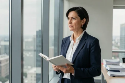 Mujer directiva mirando por la ventana de una oficina moderna, reflexionando sobre un cambio transformacional en su carrera profesional