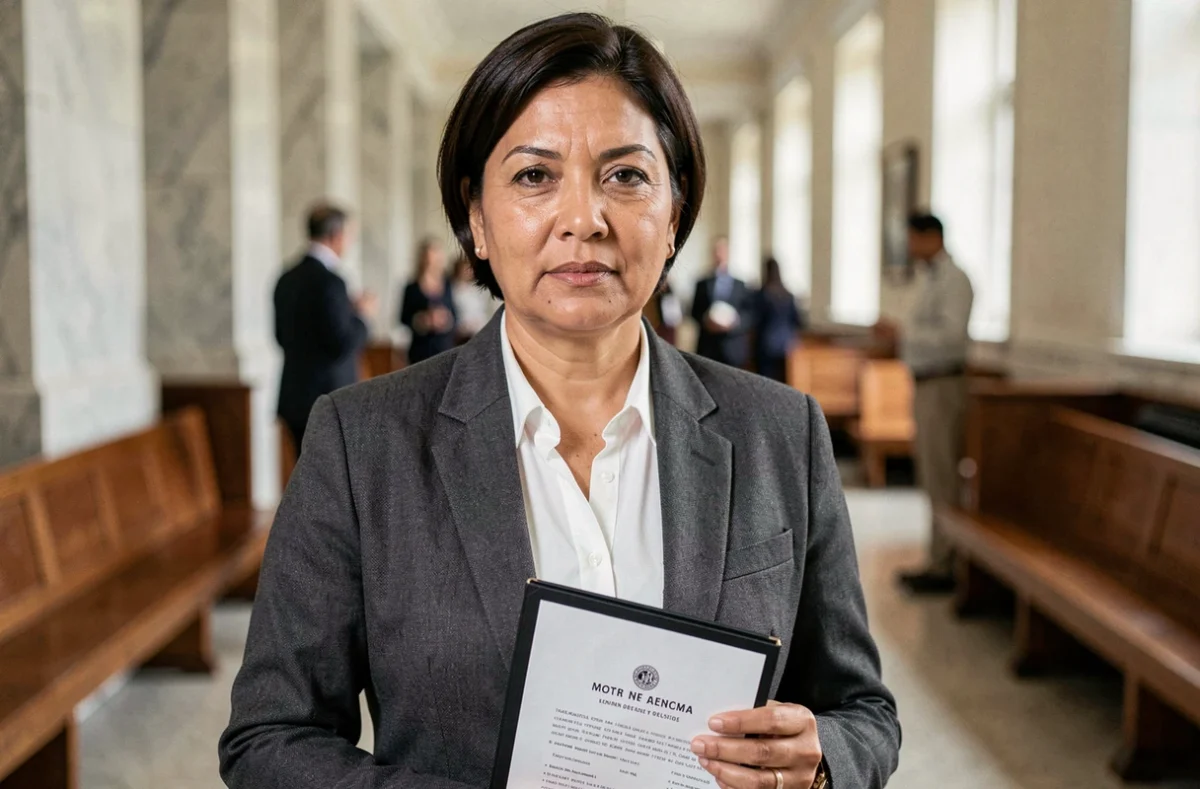 Mujer de mediana edad con carpeta de documentos legales en un pasillo de juzgado, representando la protección jurídica frente a la discriminación.