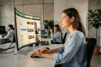 Mujer joven gestionando redes sociales con herramientas de automatización en una oficina moderna