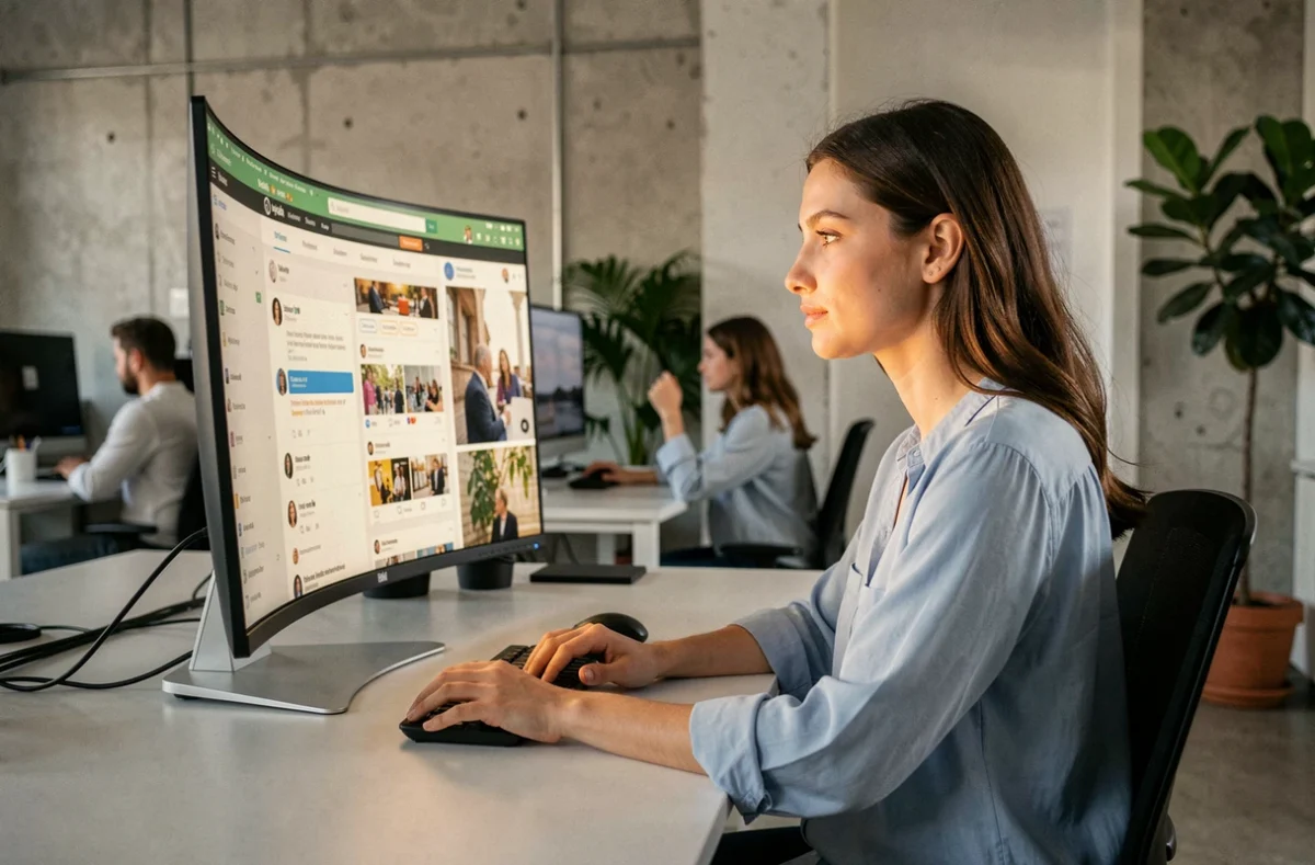 Mujer joven gestionando redes sociales con herramientas de automatización en una oficina moderna
