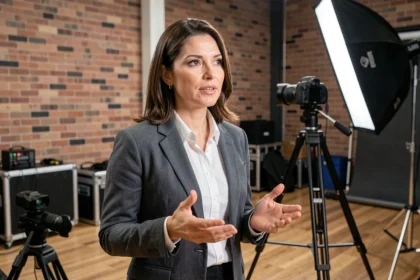 Mujer grabando un anuncio en vídeo en un estudio de producción profesional con cámara y equipo audiovisual