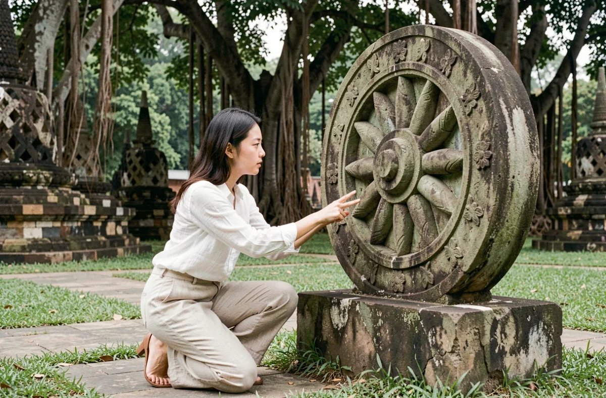 Mujer joven observando y tocando una escultura de piedra de la rueda del Dharma en un parque de patrimonio budista
