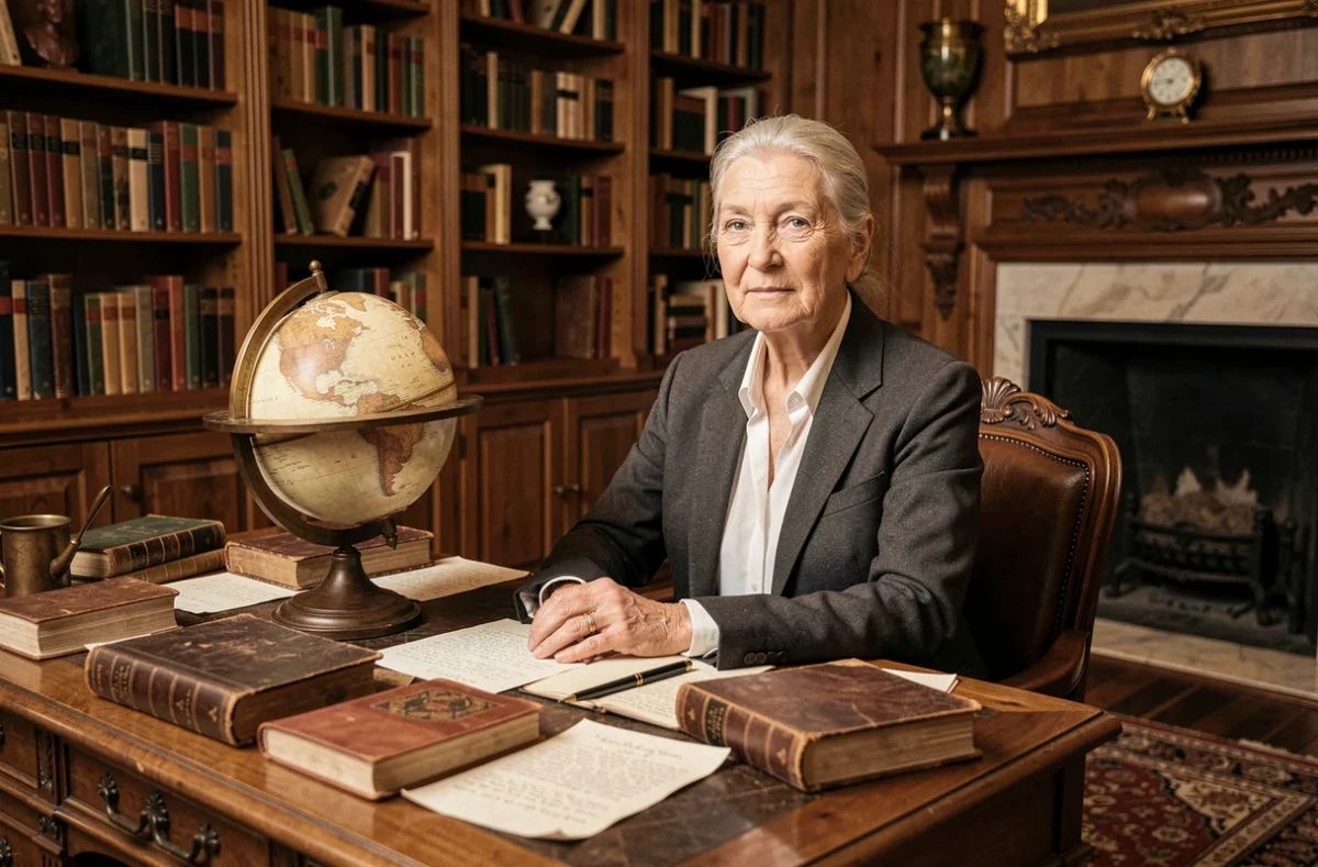Mujer mayor con autoridad intelectual sentada ante un escritorio antiguo con libros y globo terráqueo en una biblioteca privada, evocando el poder y el dominio del conocimiento mundial