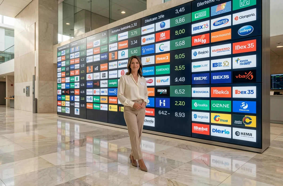 Mujer de negocios frente a un panel digital con datos del mercado de valores español e índice IBEX 35