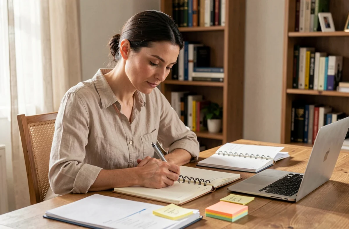 Mujer joven escribiendo en una agenda y organizando tareas prioritarias en un escritorio de madera con notas adhesivas y un portátil