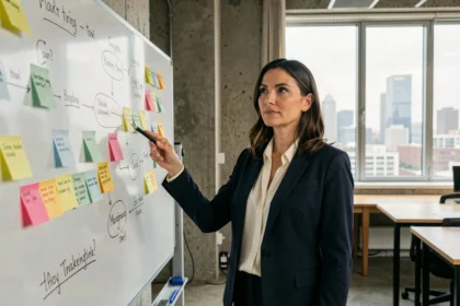 Mujer profesional explicando un plan de marketing en una pizarra con diagramas y notas adhesivas en una oficina moderna