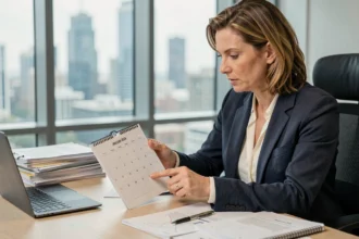 Mujer profesional revisando un calendario marcado con enero de 2026 en una oficina moderna, simbolizando los cambios normativos del nuevo año