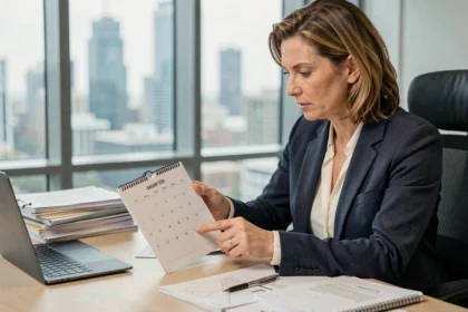 Mujer profesional revisando un calendario marcado con enero de 2026 en una oficina moderna, simbolizando los cambios normativos del nuevo año