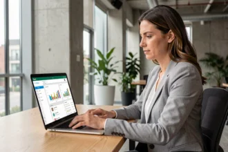 Mujer profesional trabajando en una campaña de email marketing en su ordenador portátil en una oficina moderna
