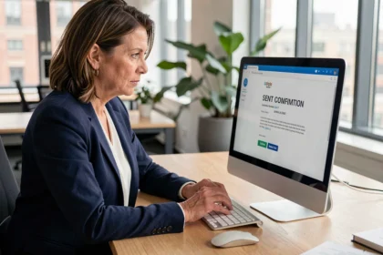 Mujer profesional revisando una confirmación de envío de correo electrónico en un ordenador de escritorio en una oficina moderna