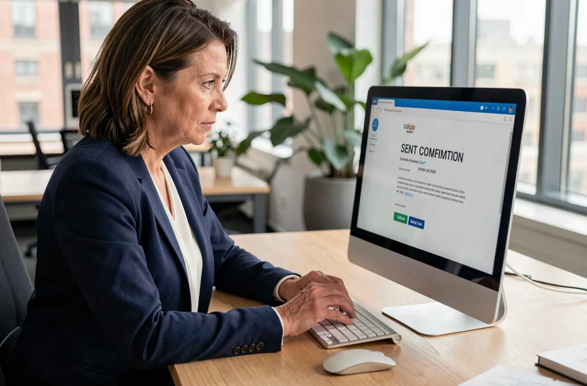 Mujer profesional revisando una confirmación de envío de correo electrónico en un ordenador de escritorio en una oficina moderna