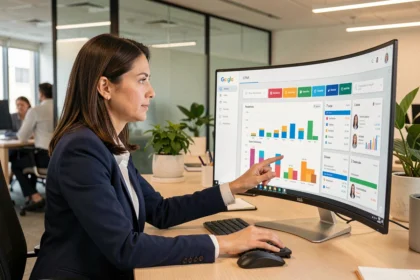 Mujer profesional revisando un panel de CRM en un ordenador en una oficina moderna