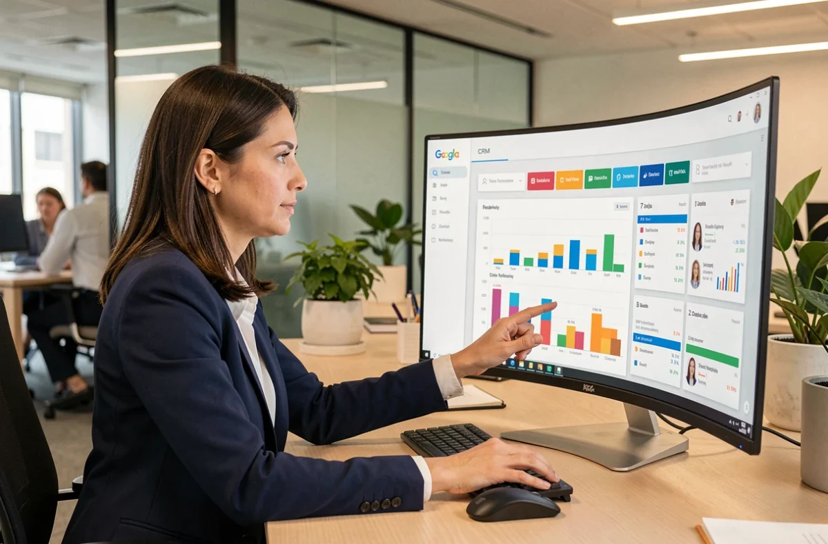 Mujer profesional revisando un panel de CRM en un ordenador en una oficina moderna