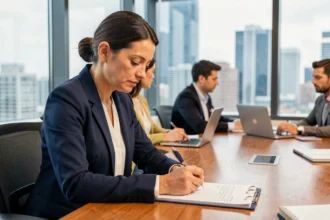 Mujer profesional tomando notas en una sesión de formación continua en una sala de reuniones corporativa moderna