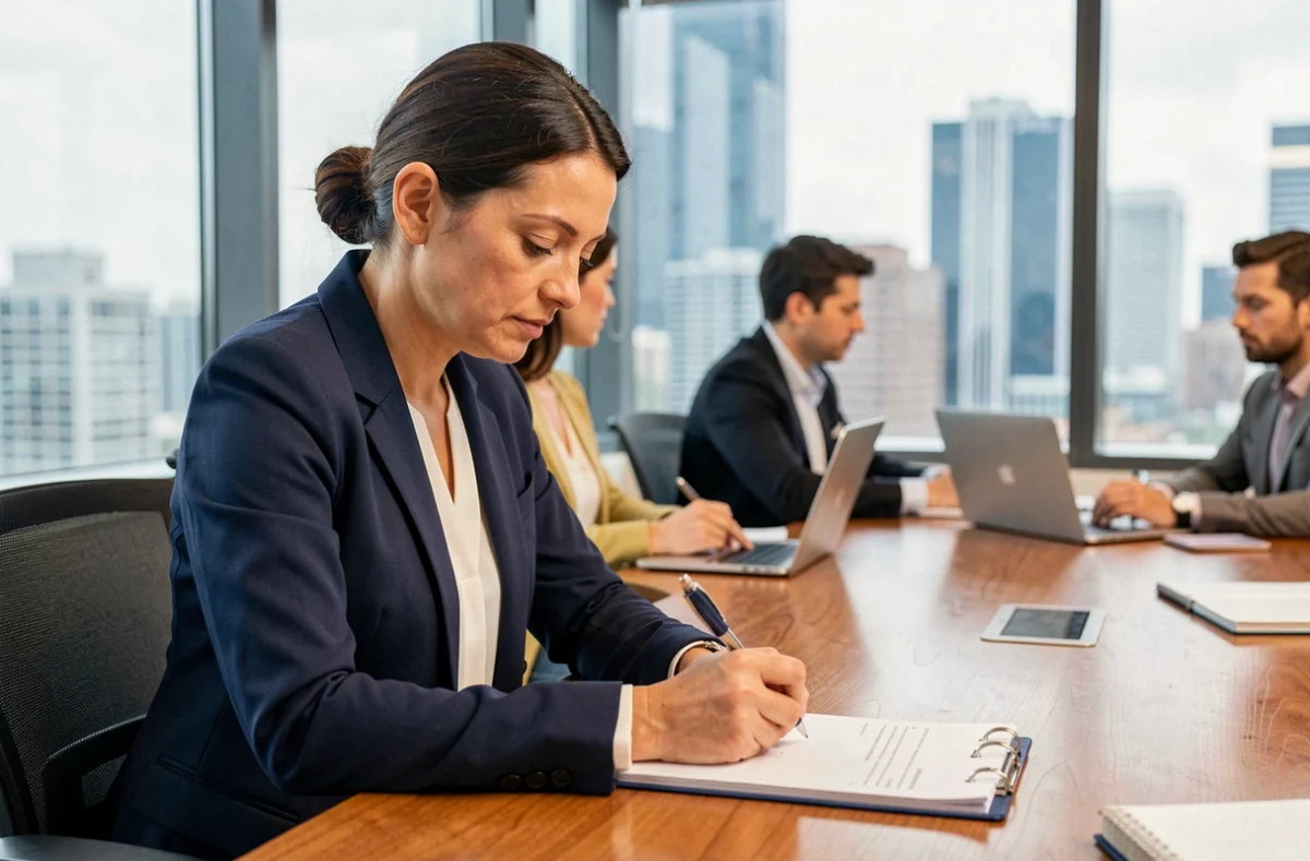 Mujer profesional tomando notas en una sesión de formación continua en una sala de reuniones corporativa moderna