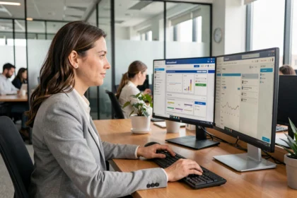 Mujer profesional trabajando con herramientas de productividad en un ordenador en una oficina moderna