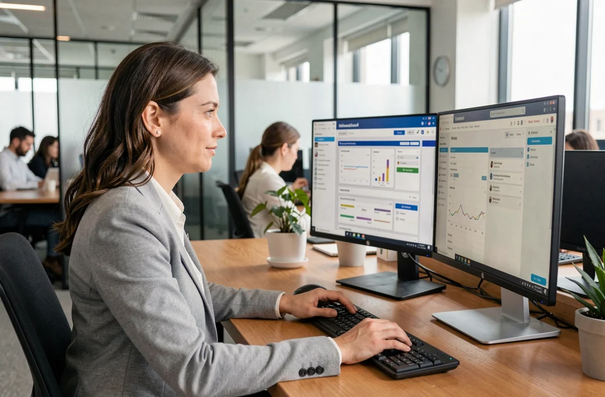 Mujer profesional trabajando con herramientas de productividad en un ordenador en una oficina moderna