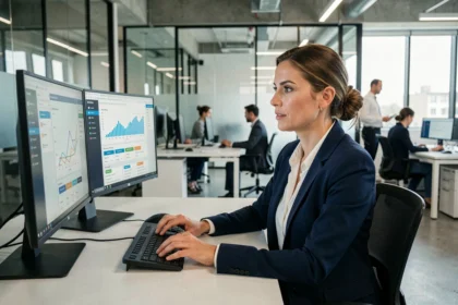 Mujer profesional revisando paneles de datos digitales en una oficina corporativa moderna con particiones de vidrio