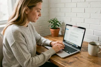 Mujer en oficina en casa revisando cómo programar el envío de un correo electrónico en su portátil