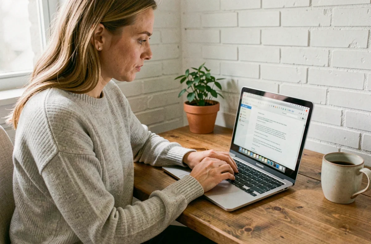Mujer en oficina en casa revisando cómo programar el envío de un correo electrónico en su portátil
