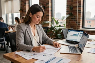 Mujer profesional revisando una estrategia de marketing de contenidos sobre un escritorio de madera en una oficina moderna