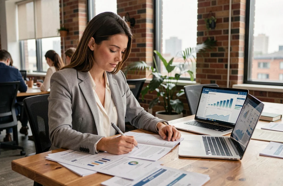 Mujer profesional revisando una estrategia de marketing de contenidos sobre un escritorio de madera en una oficina moderna