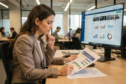 Mujer profesional revisando un presupuesto de publicidad en una oficina moderna con gráficos de inversión publicitaria