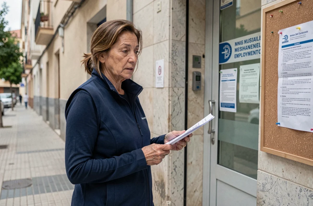 Mujer sin hogar consultando ofertas de trabajo en la puerta de una oficina de empleo