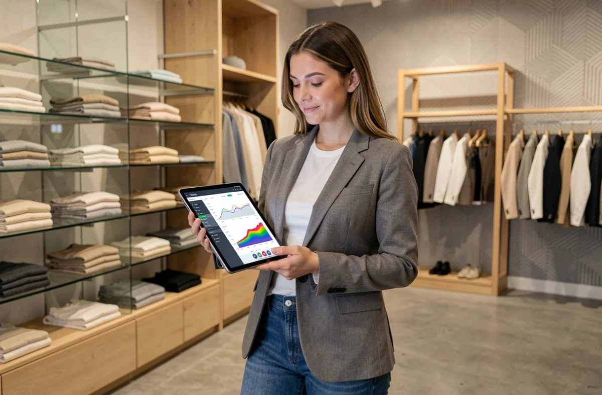Mujer profesional usando una tableta con software de análisis de ventas en una tienda de ropa moderna con tecnología de gestión minorista