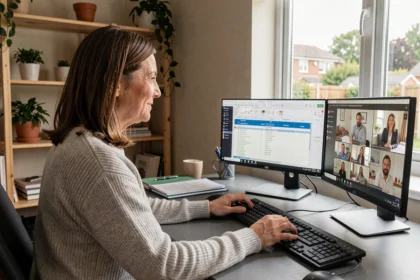 Mujer teletrabajando desde su oficina en casa con doble pantalla durante una videollamada con su equipo empresarial