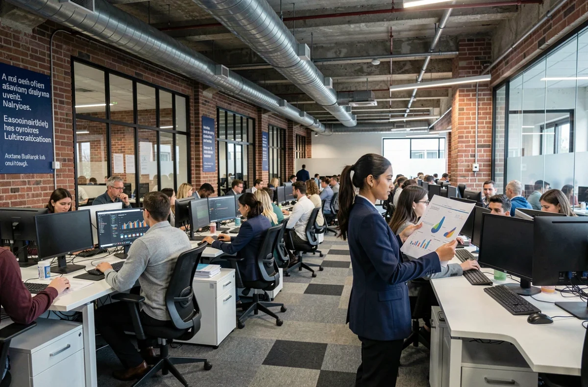 Oficina abierta de empresa multinacional con empleados de distintas culturas trabajando en sus puestos