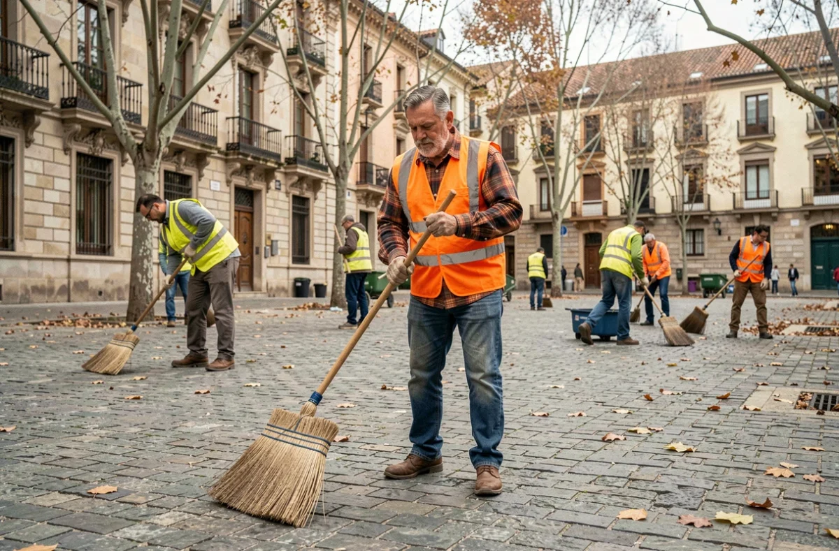 Persona sin hogar trabajando en un programa de inserción laboral municipal en una plaza española
