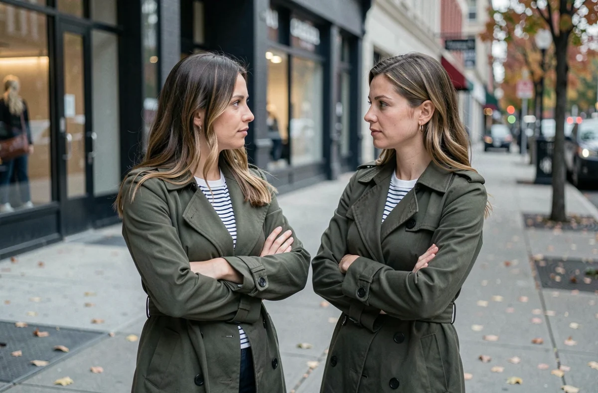 Dos mujeres conversando en la calle con calma, una de ellas estableciendo un límite de forma amable y asertiva durante una situación cotidiana